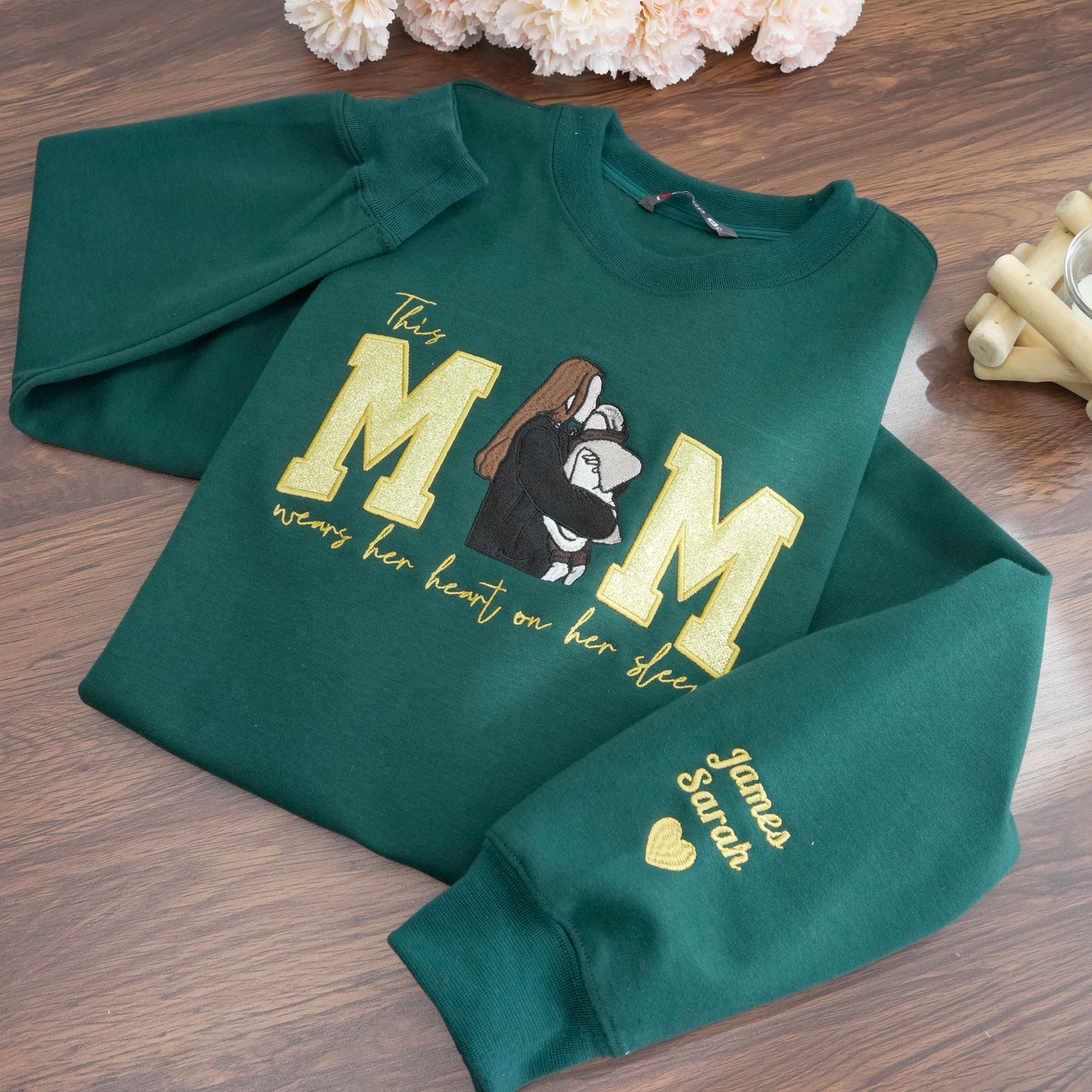 Mom Wears Her Heart on Her Sleeves Custom Glitter Mama Sweatshirt with Photo Gift for Mom Nana