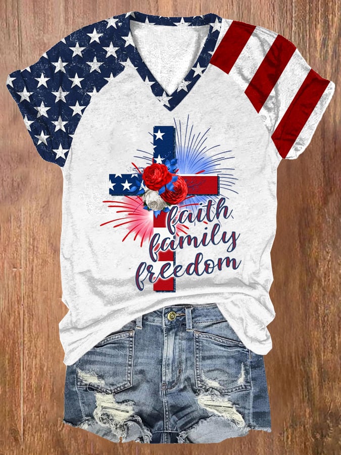 Women's Flag Cross Faith Family Freedom Print T-Shirt