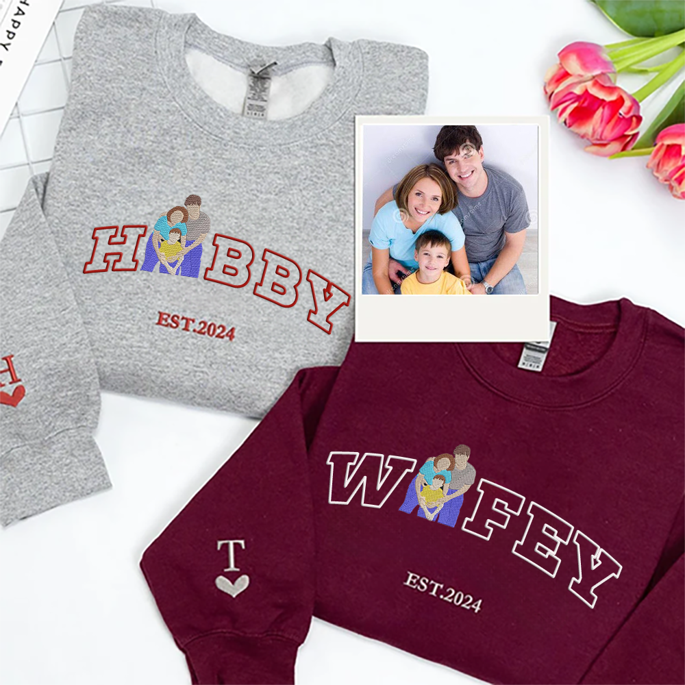 Custom Embroidered Couple Portrait Sweater, Personalised Hubby Wifey Matching Sweatshirt, Gifts for Family