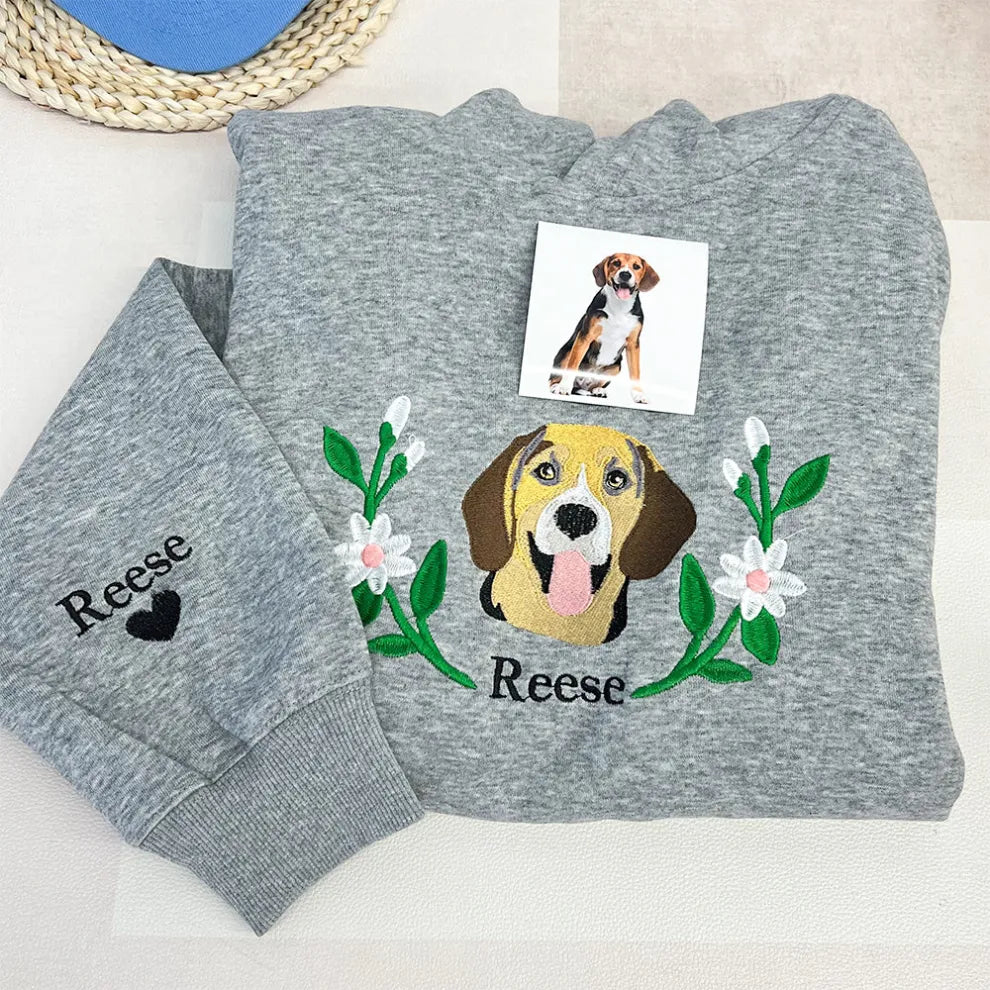 Custom Embroidered Hoodie/Sweatshirt With Pet Portrait Flower | for Pet Lover
