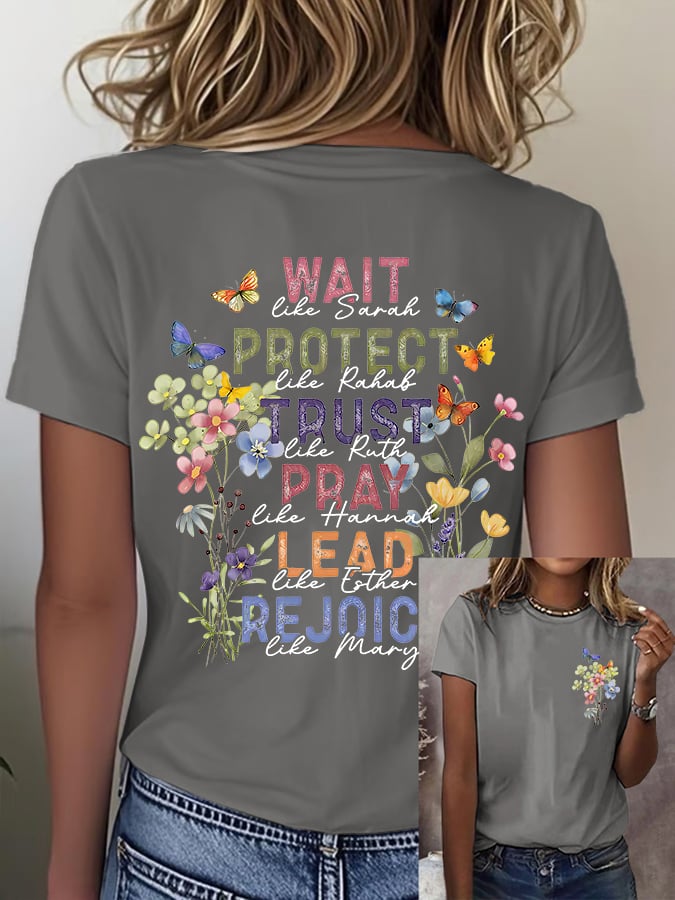 Women'S Casual Floral Faith Print Short Sleeve T-Shirt
