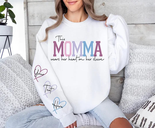 š„For Momš„Personalized MAMA Wears Her Heart On Her Sleeve Sweatshirt(Buy 2 Free Shipping)