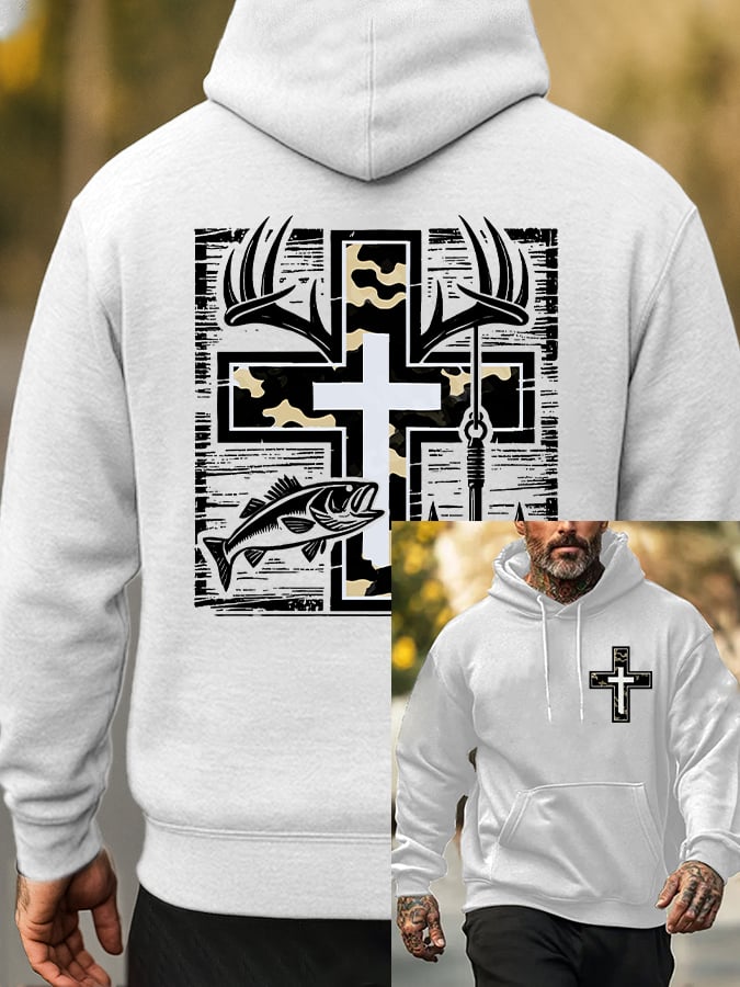 Men's Retro Faith Fishing Hunting Print Hoodie