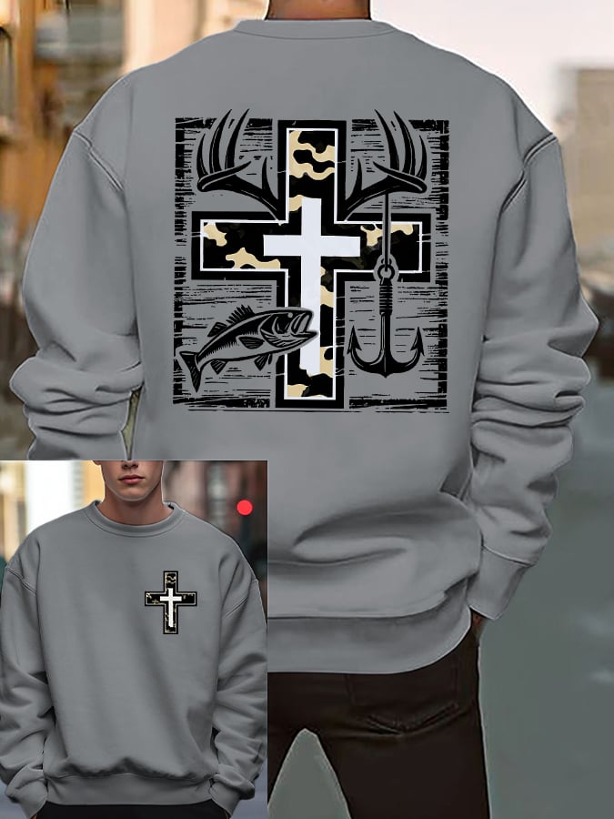 Men's Retro Faith Fishing Hunting Print Sweatshirt