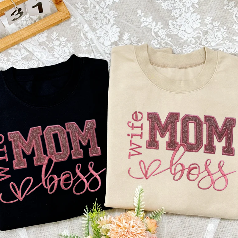Custom Mom Wife & Boss Glitter Applique Embroidered Sweatshirt