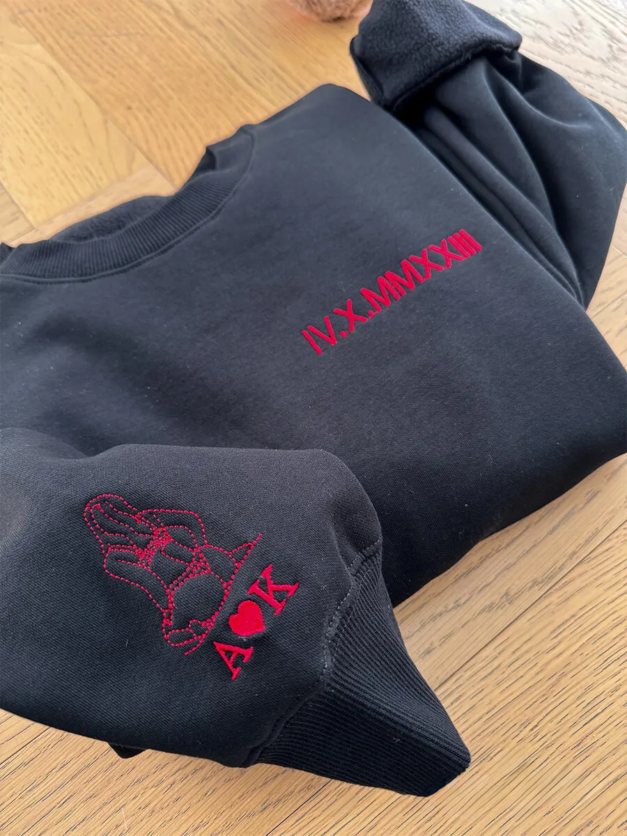 Loversdovey Custom Roman Numeral Embroidered Sweatshirt • Couples Gift • Personalized Portrait and Initial On Sleeve