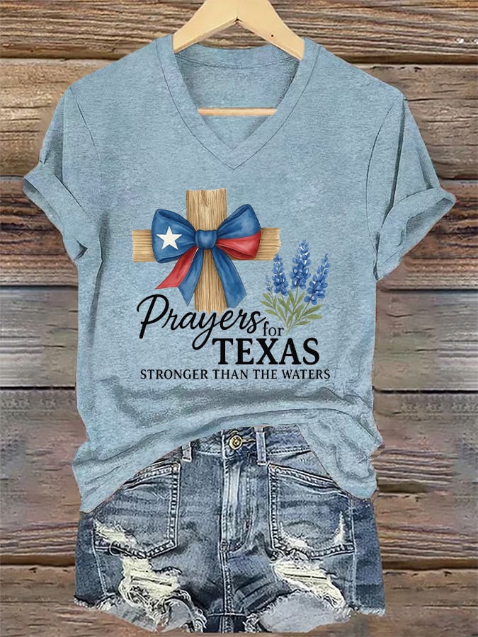 V-Neck Retro Texas Strong Prayers For Texas Stronger Than The Waters Print T-Shirt
