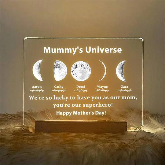 Led Light Frame With Text And Date The Real Moon Phase- Mom's Universe,Gift For MUM