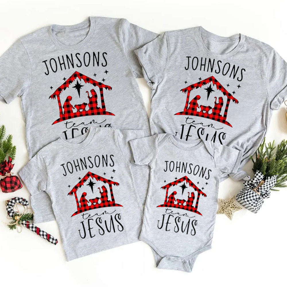 Personalized Buffalo Plaid Nativity Christmas Family Matching Christian T-Shirt