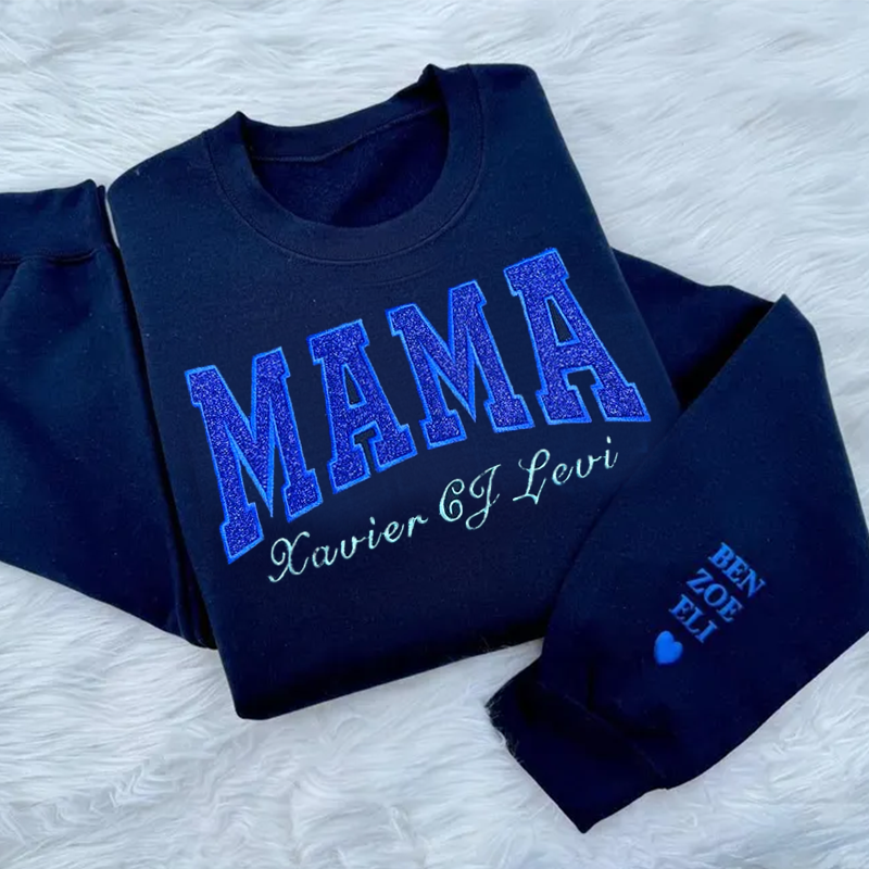 Custom Embroidered Mama Sweatshirt with Kids Names on Sleeve New Mom Hoodie Personalized Gift for Mom