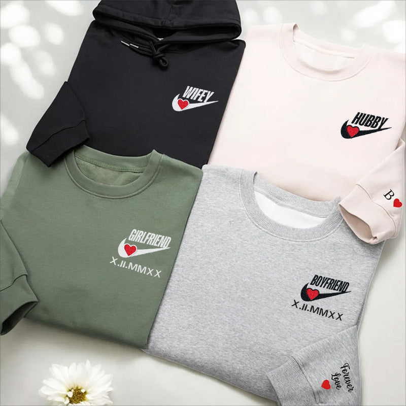 Loversdovey Boyfriend & Girlfriend Hoodies Roman Numeral Embroidered Sweatshirt