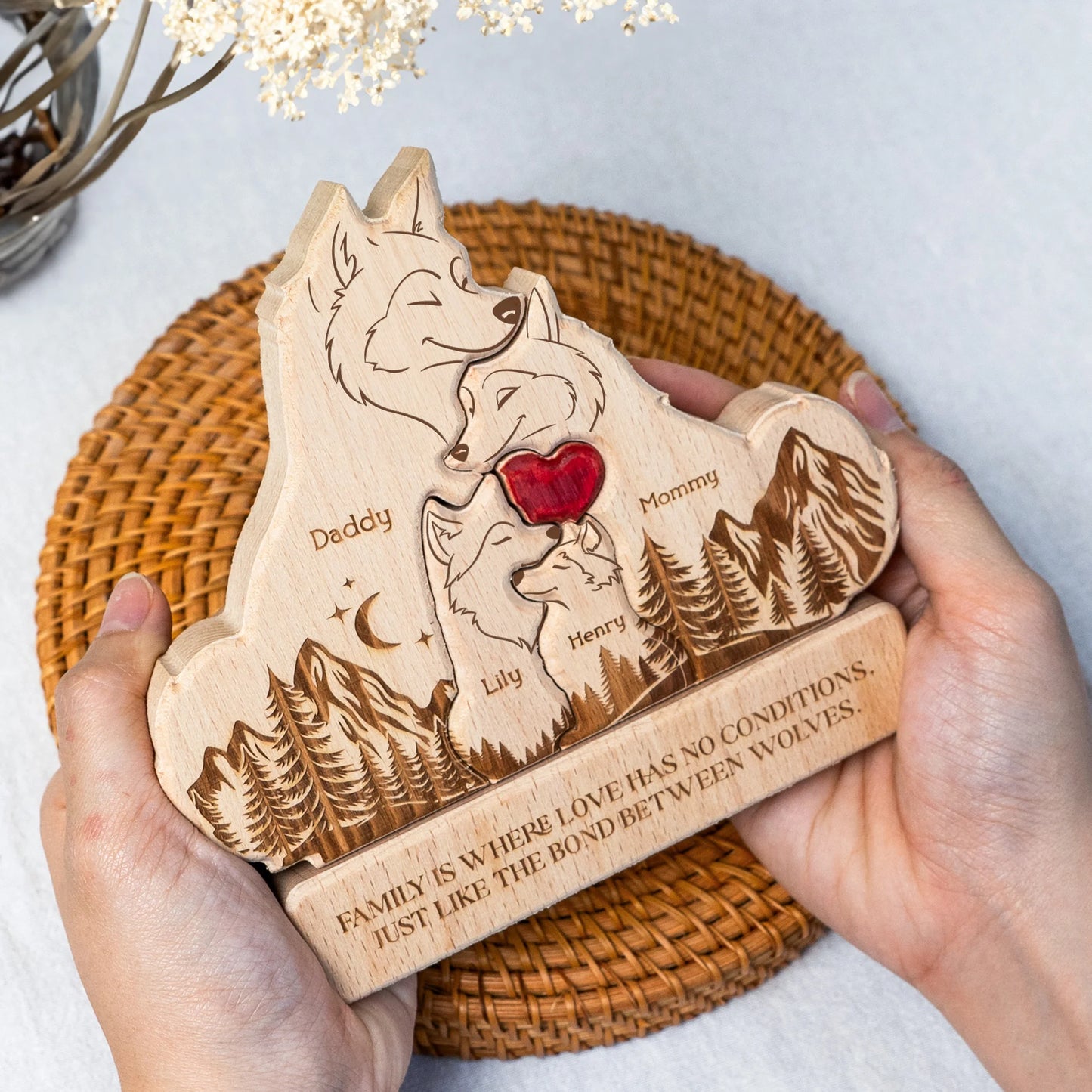 Wooden Wolf Family With Names - Personalized Wooden Wolf Family Puzzle