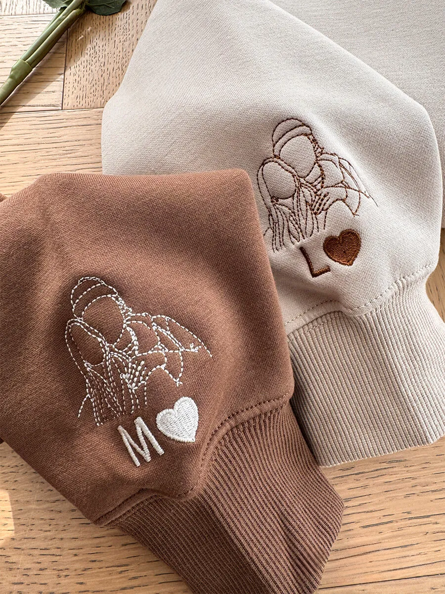 Loversdovey Custom Roman Numeral Embroidered Sweatshirt • Couples Gift • Personalized Portrait and Initial On Sleeve