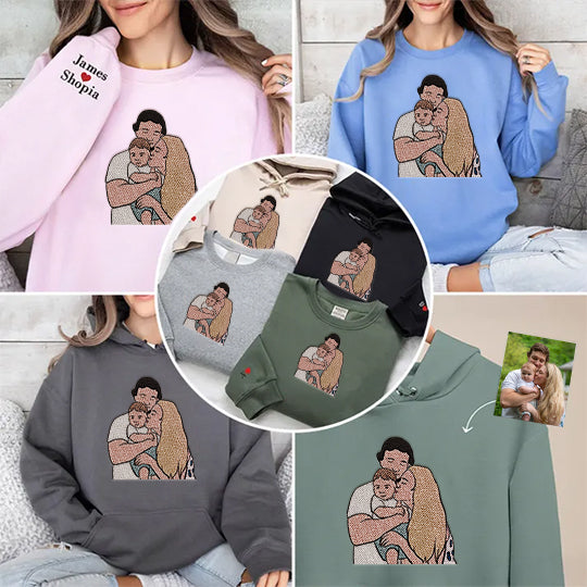 Loversdovey Custom Embroidered Hoodie Mama and Kids Portrait, Family Photo Sweatshirt