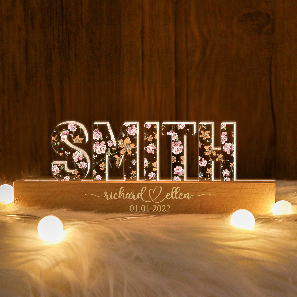 Mr & Mrs Family Name Wedding Anniversary Valentine's Day Gift for her & for him, Custom Flower Printed LED Night Light