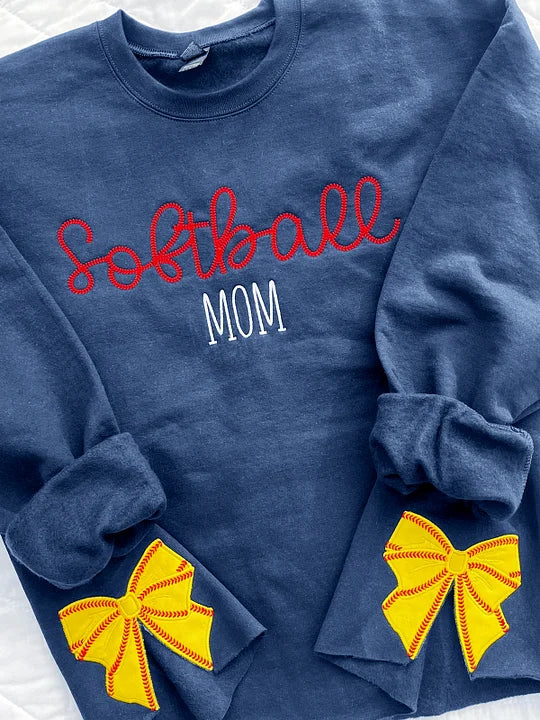 Embroidered Baseball Softball Mama Sweatshirt With Coquette Baseball Softball Bows