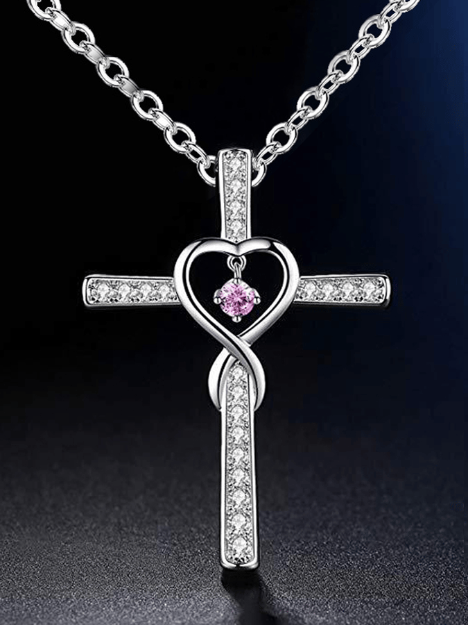 Women's Cross Encrusted Zircon Pendant Love Shaped Birthstone Necklace