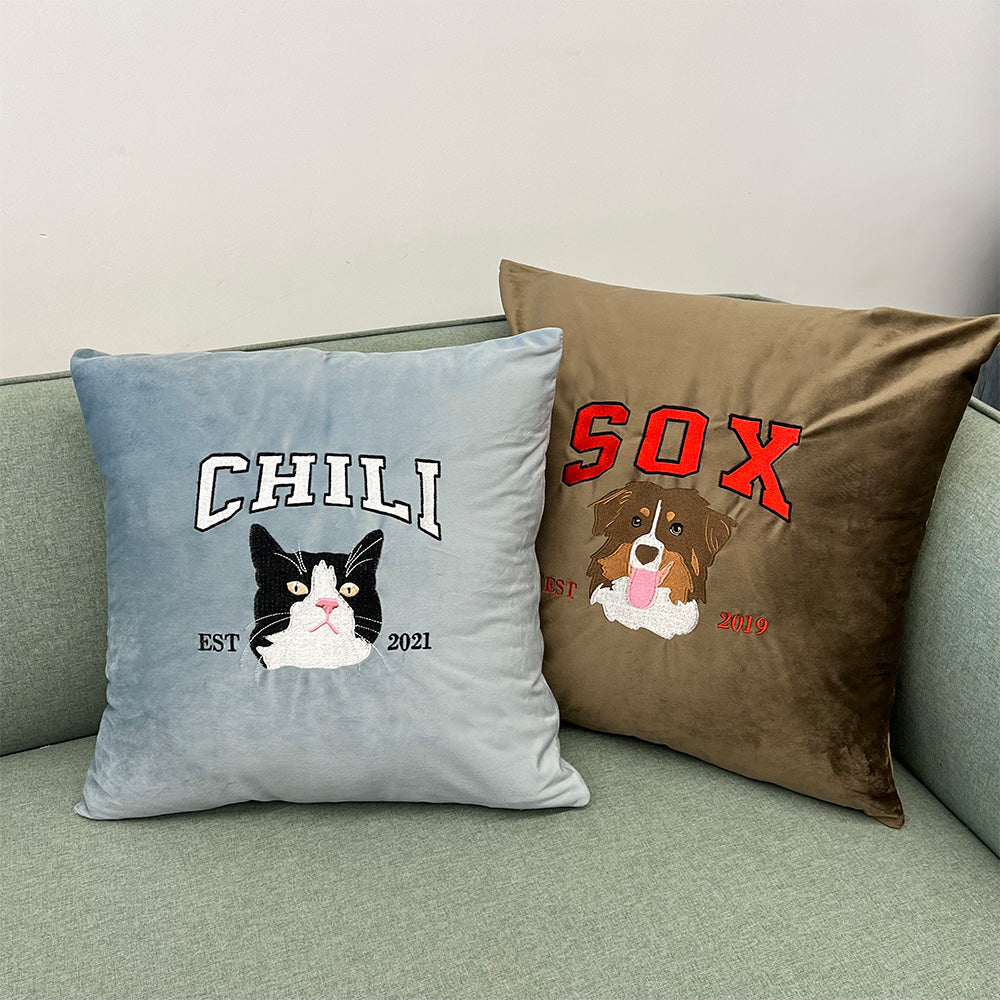 Custom Embroidered Pet Portrait Pillow Cushion With Pet Name, Pet Lover Gift