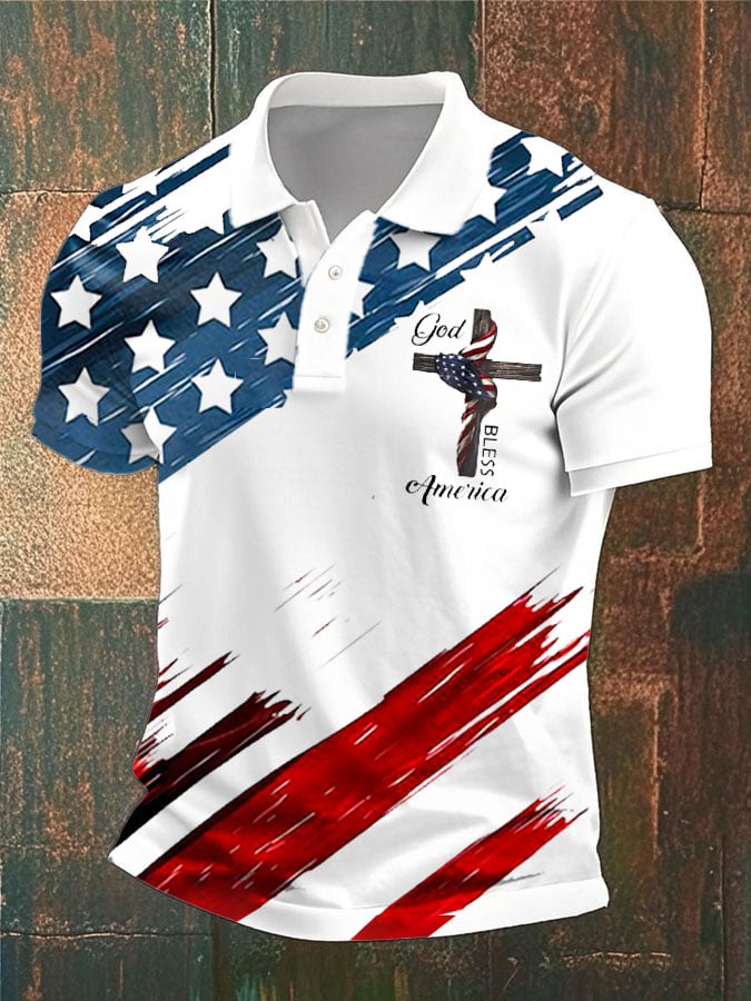 Knitted short-sleeved faith in God We Trust Independence Day flag button head faith POLO shirt