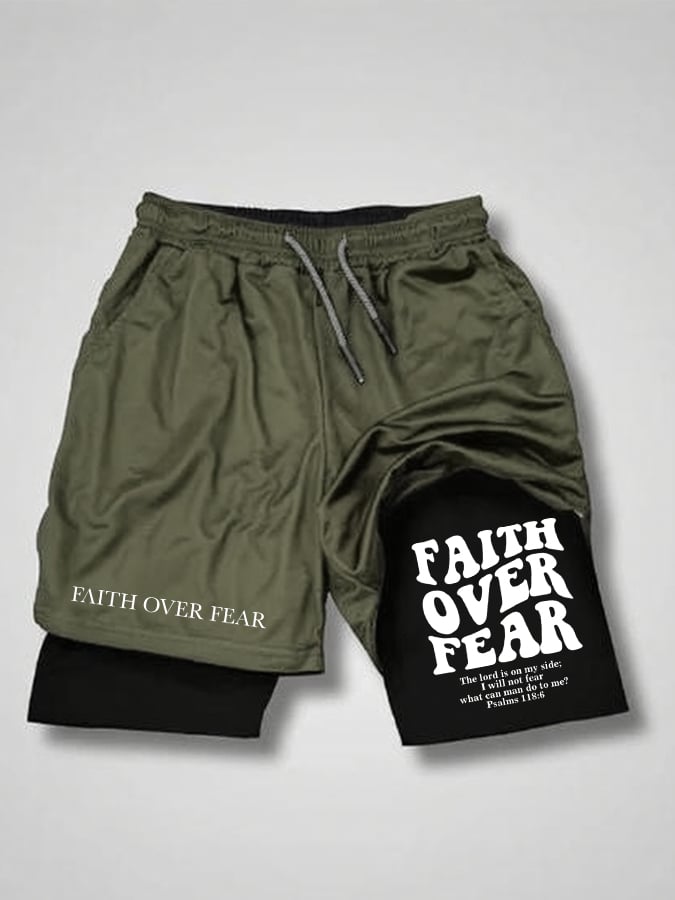 Men'S Faith Over Fear Print Double Layer Shorts (With Pockets)