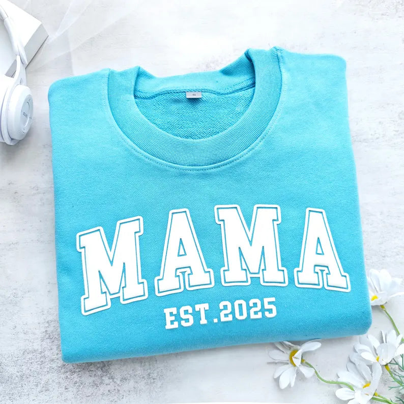 Mama Sweatshirt with Puff Lettering, Personalized Kid Names on Sleeve, Mama Sweater, Cute Gift for Mama