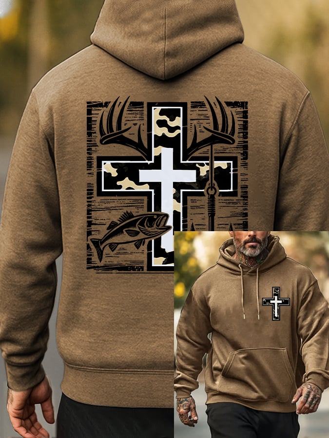 Men's Retro Faith Fishing Hunting Print Hoodie