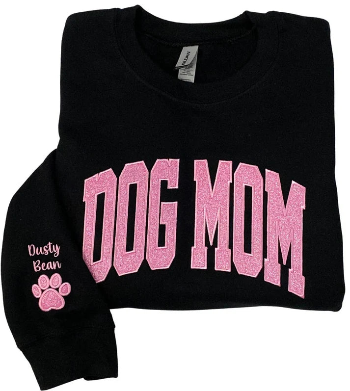 Personalized Embroidered Dog Mom Glitter Vinly Sweatshirt Hoodie Mother's Day Gift for Pet Lovers