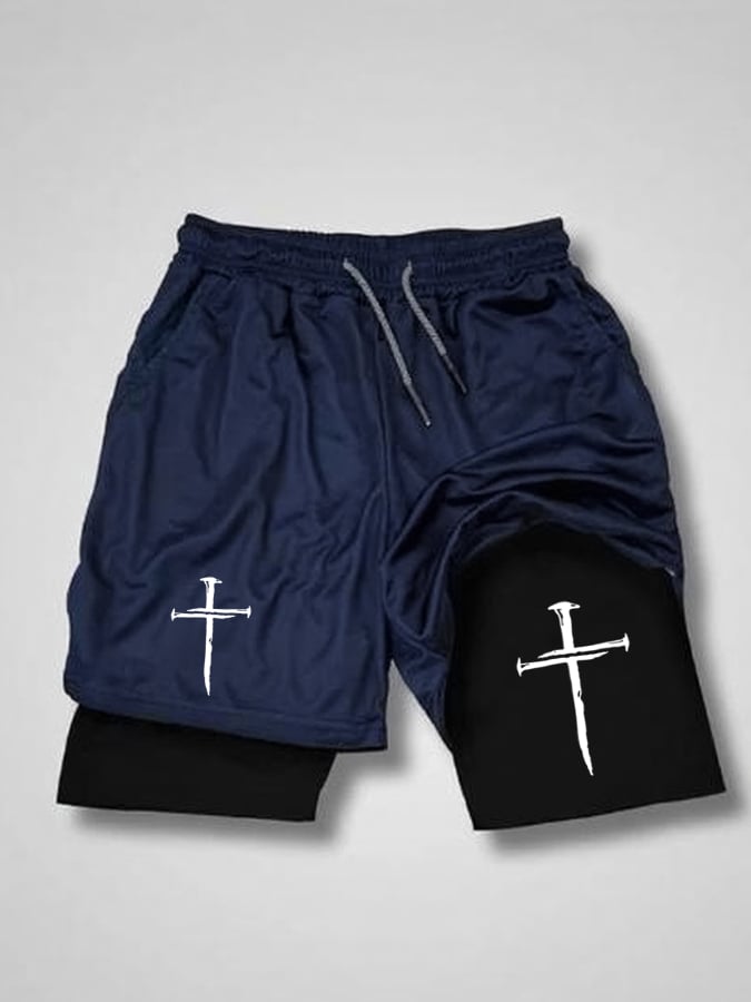 Men'S Classic Cross Print Double Layer Shorts (With Pockets)