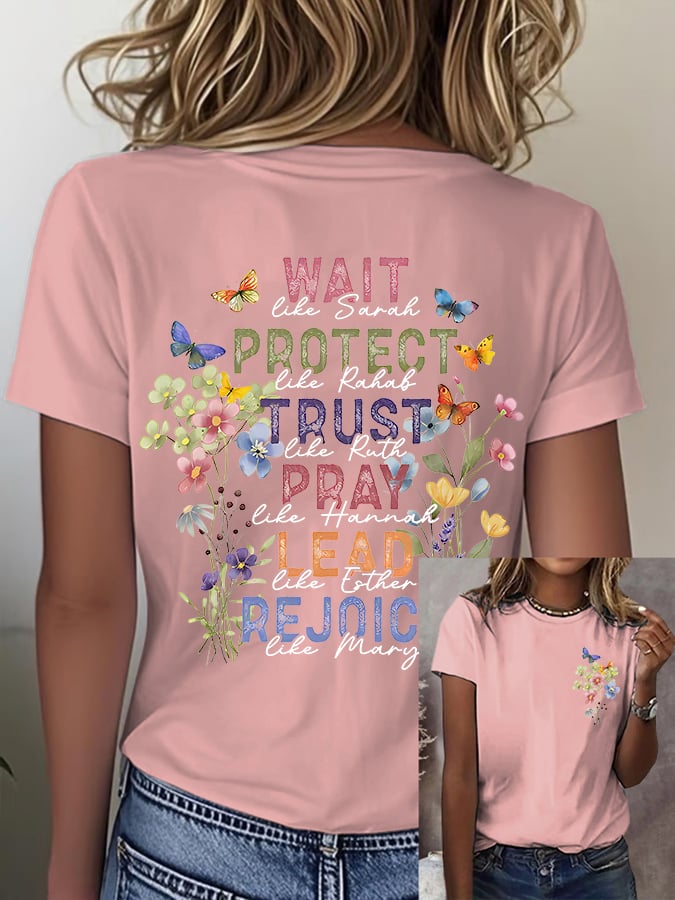 Women'S Casual Floral Faith Print Short Sleeve T-Shirt