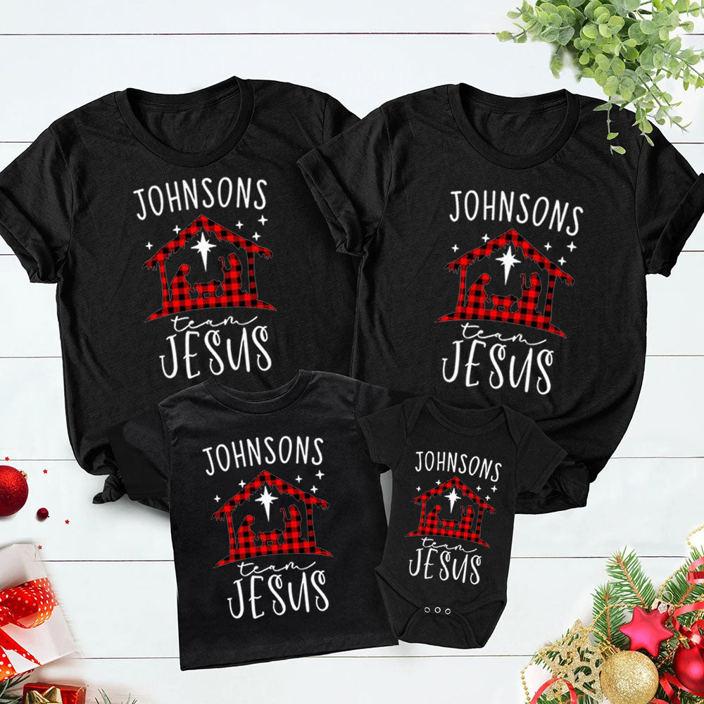 Personalized Buffalo Plaid Nativity Christmas Family Matching Christian T-Shirt
