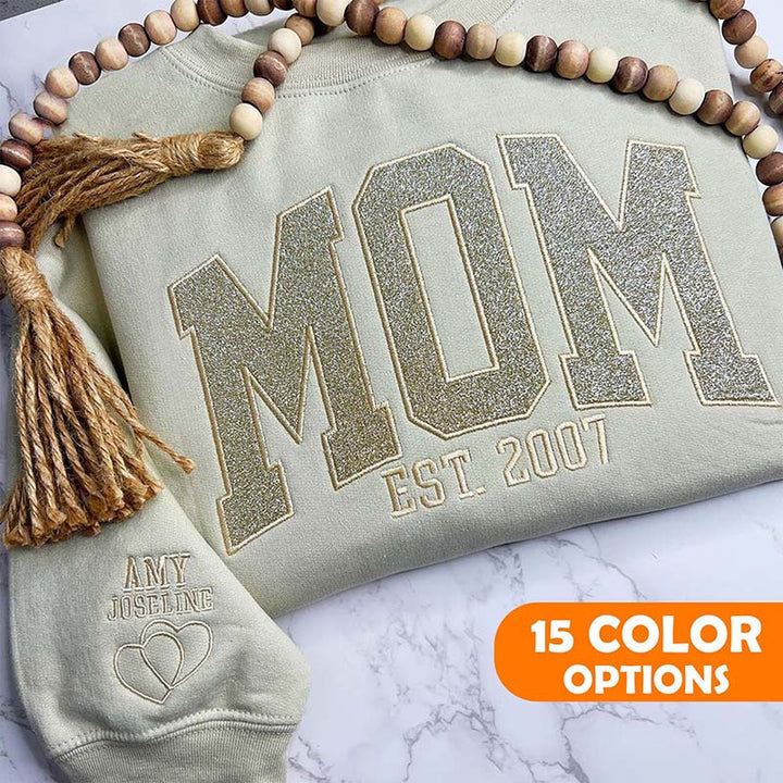 Custom Glitter MAMA Embroidered Sweatshirt, Embroidered Scripted Glitter Hoodie