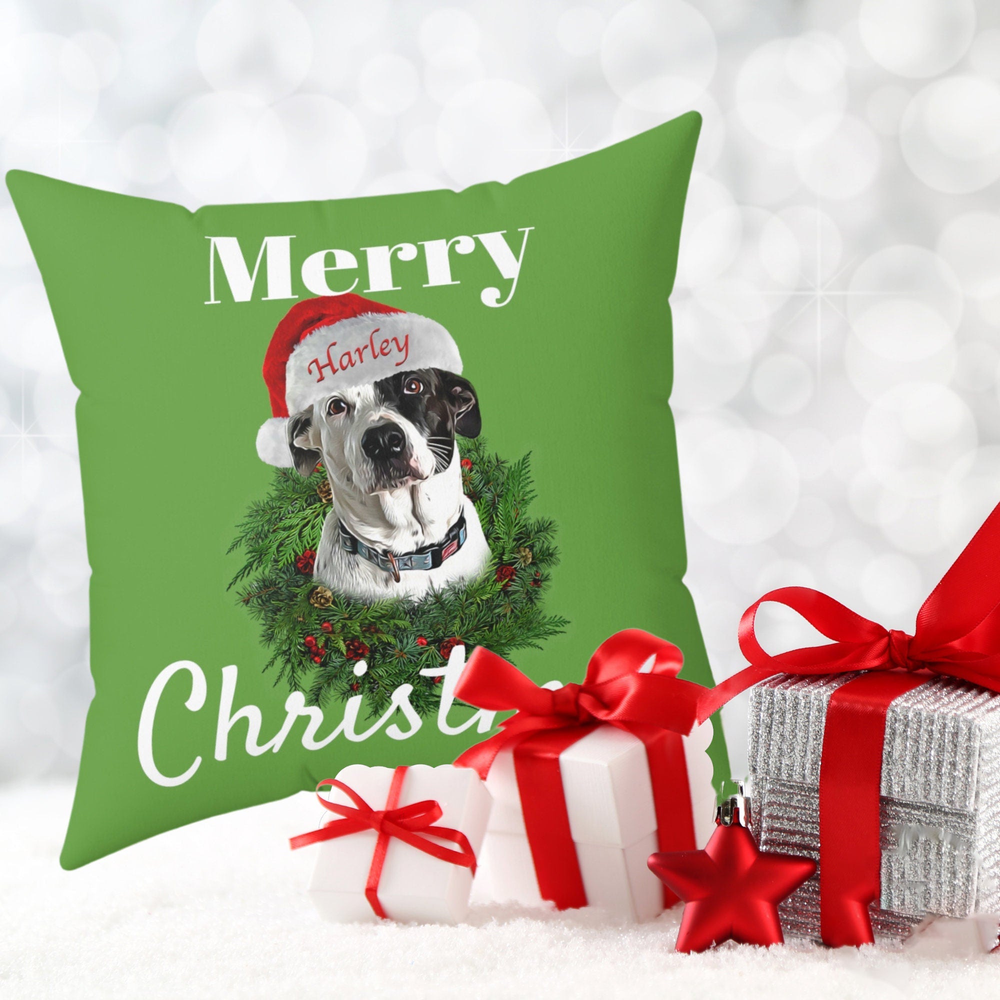 Custom Personalized Dog Portrait Christmas Pillow, Pet Lover Gift