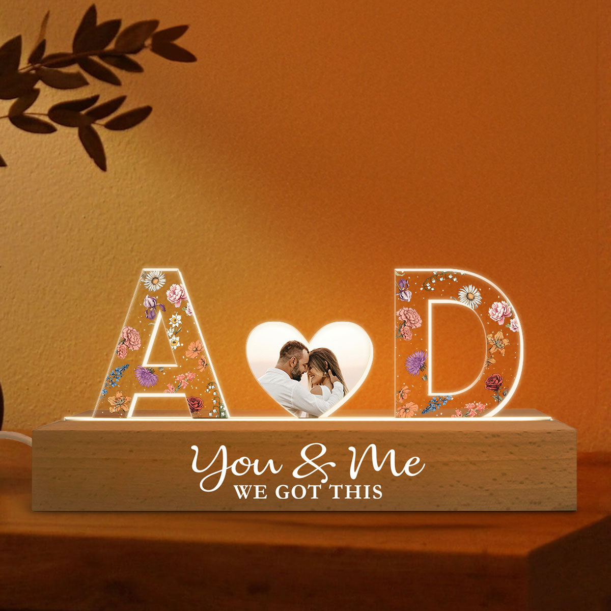 Couple Initials Floral Theme Photo Inserted Personalized Acrylic Block LED Night Light