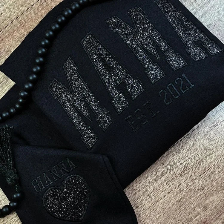 Custom Glitter MAMA Embroidered Sweatshirt, Embroidered Scripted Glitter Hoodie