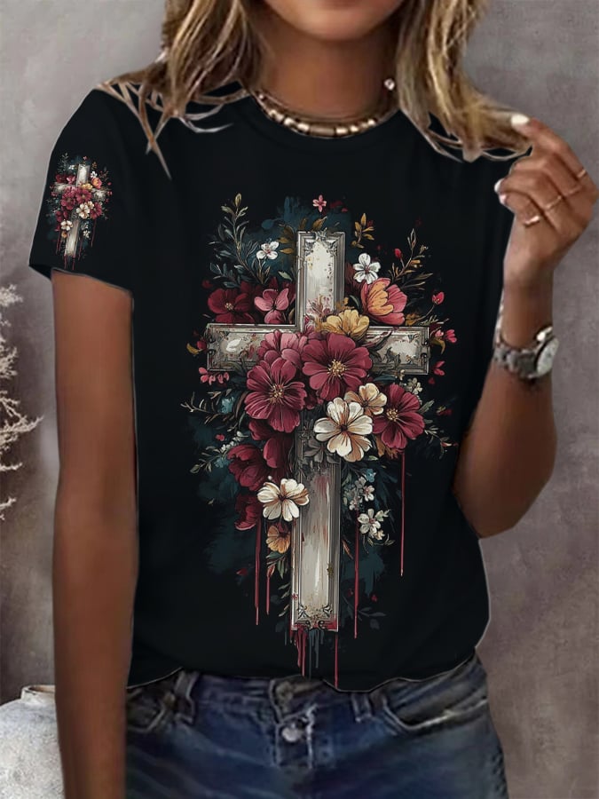 Women's Retro Faith Floral Cross Printed Short-Sleeved T-Shirt