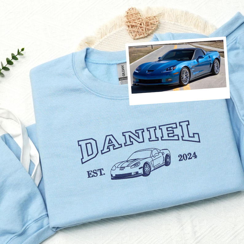 Custom Embroidered Car Sweatshirt | Car Outline Embroidery Hoodie | Car Portrait Shirt | Gift For Dad