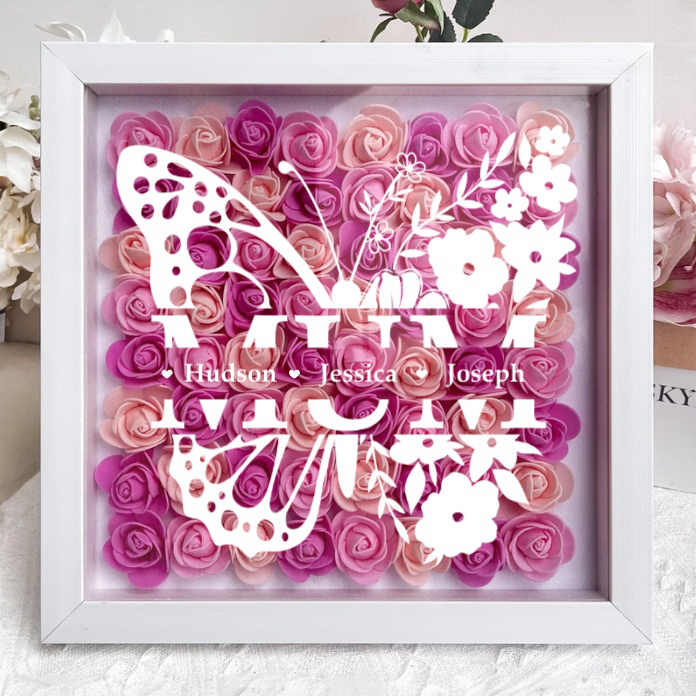 Personalized Butterfly Version Flower Shadow Box - Gift For Mom Custom Children Names