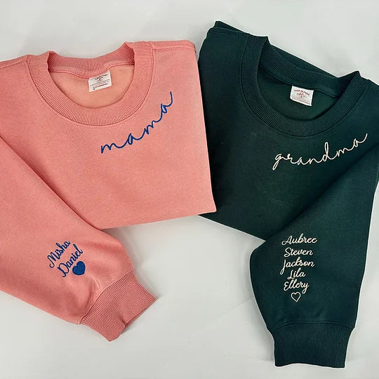 Custom Mama Embroidered Sweatshirt with Kids Names on the sleeve