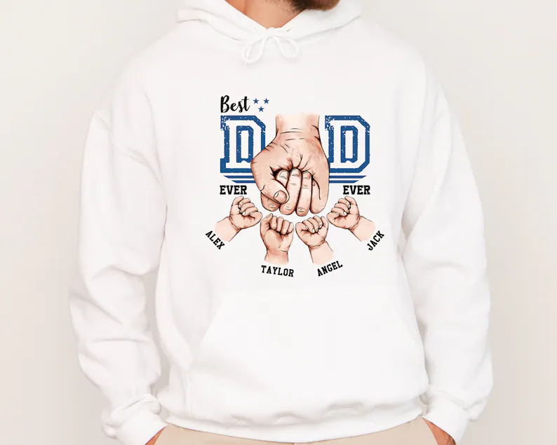 Best Dad Ever Custom Sweatshirt – Fist Bump Dad Hoodie with Kids’ Names | Personalized Father’s Day Gift