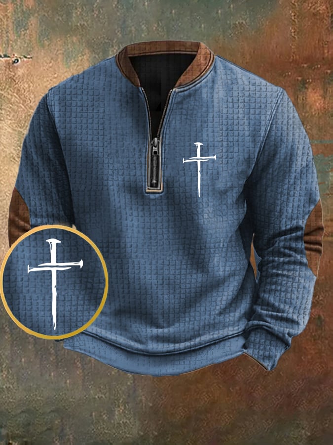 Men's Vintage Faith Cross Design Printed Zipper Collar Square Jacquard Sweatshirt