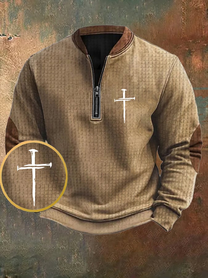 Men's Vintage Faith Cross Design Printed Zipper Collar Square Jacquard Sweatshirt