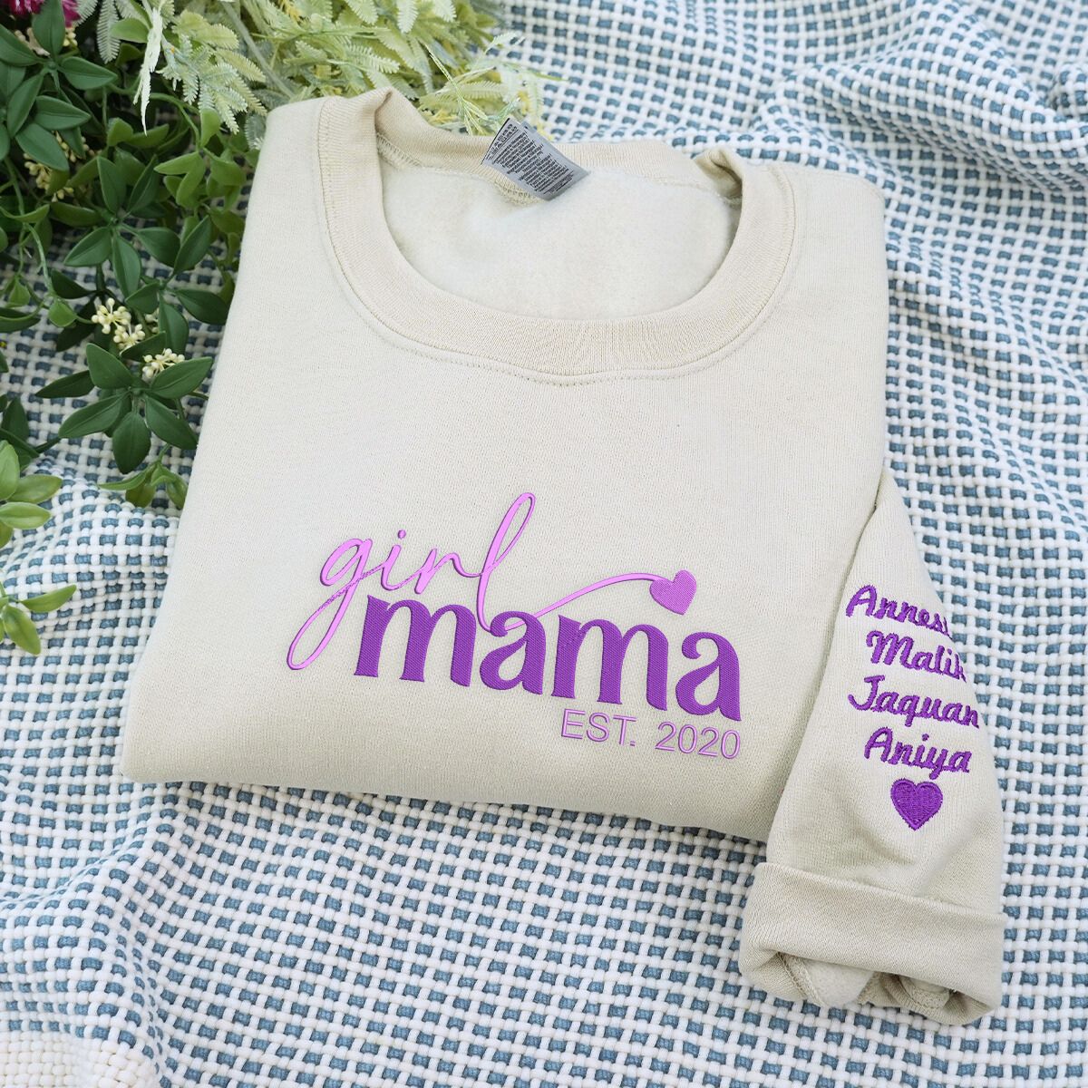 Girl Mama Sweatshirt or Hoodie with Kid Names on Sleeve - Embroidered Gift for Girl Mama