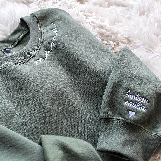 Custom Mama Embroidered Sweatshirt with Kids Names on the sleeve