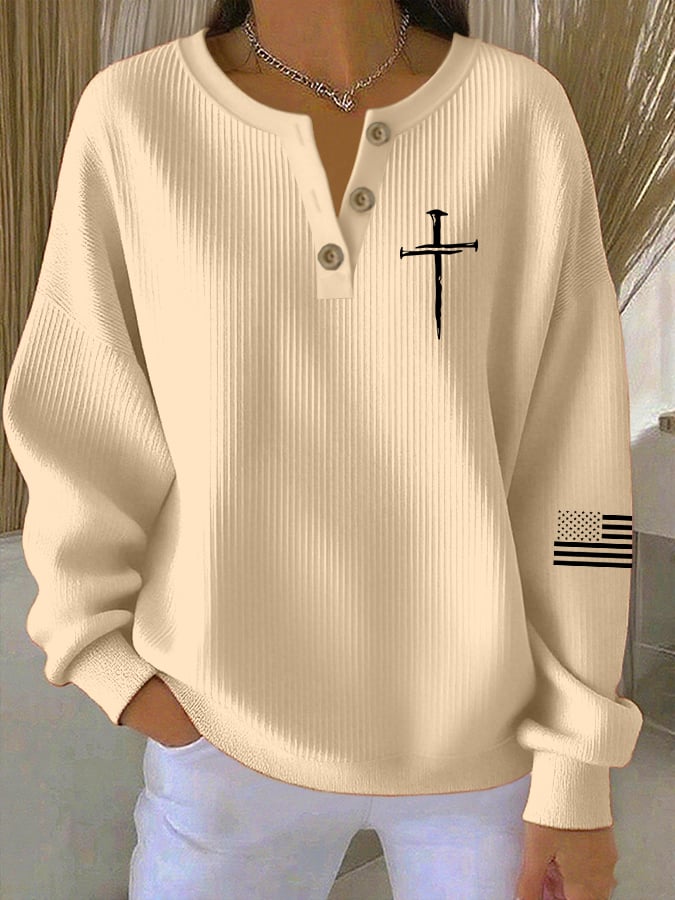 Women's Vintage Faith Cross Print Knitted Crew Neck Long Sleeve Top