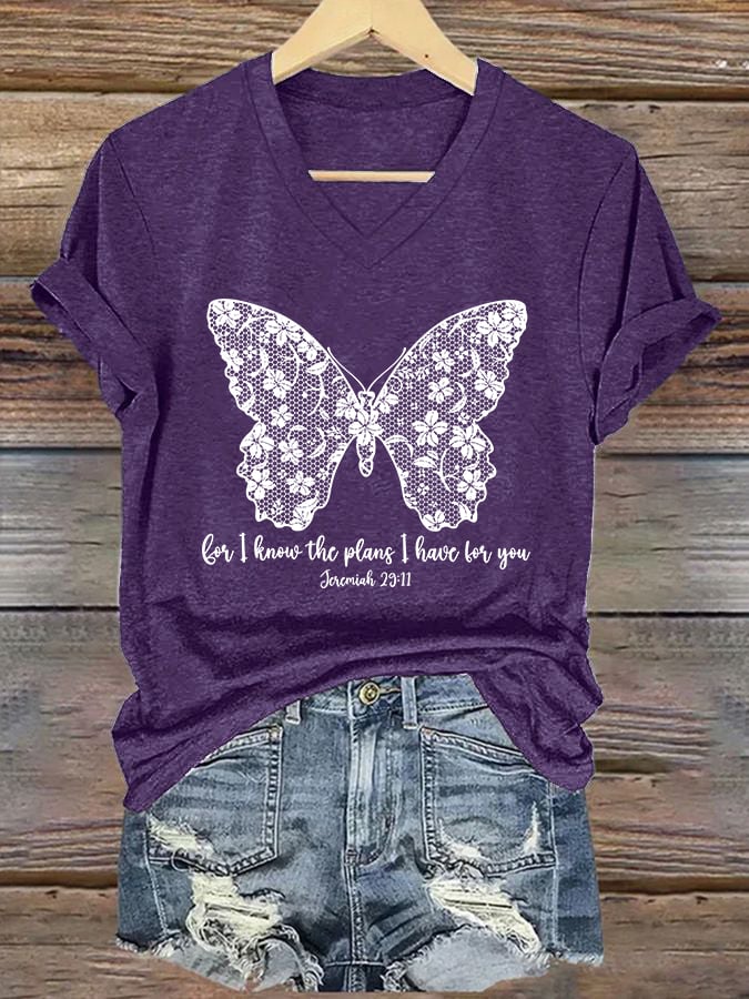 Women'S Casual I Know I Am For You Jeremiah 29:11 Cute Butterfly Christian Graphic Print Short Sleeve V Neck T-Shirt