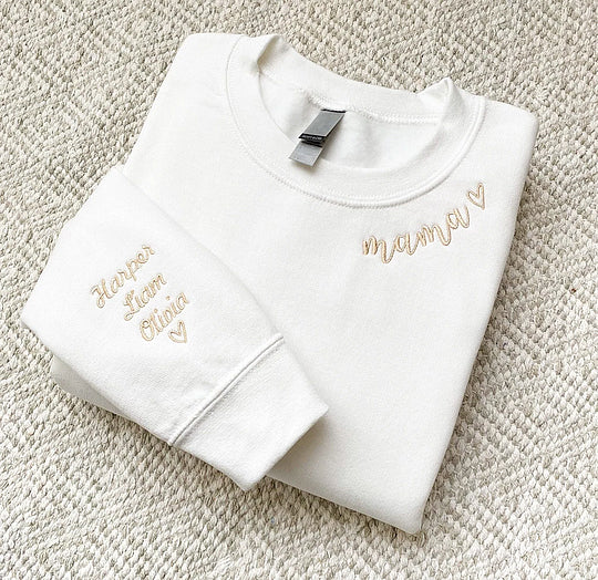 Custom Mama Embroidered Sweatshirt with Kids Names on the sleeve