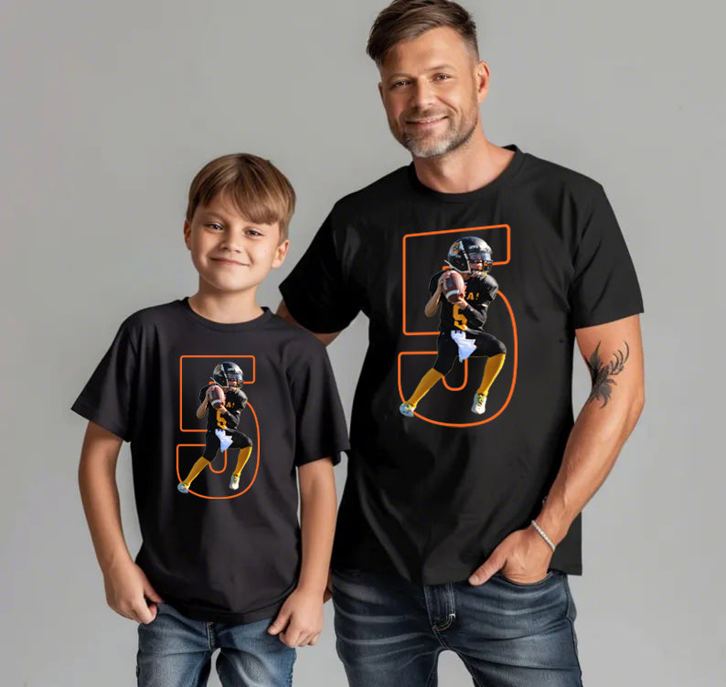 Matching Game Day Tees for Dad & Kids β Custom Football Photo Shirts for Team Spirit!