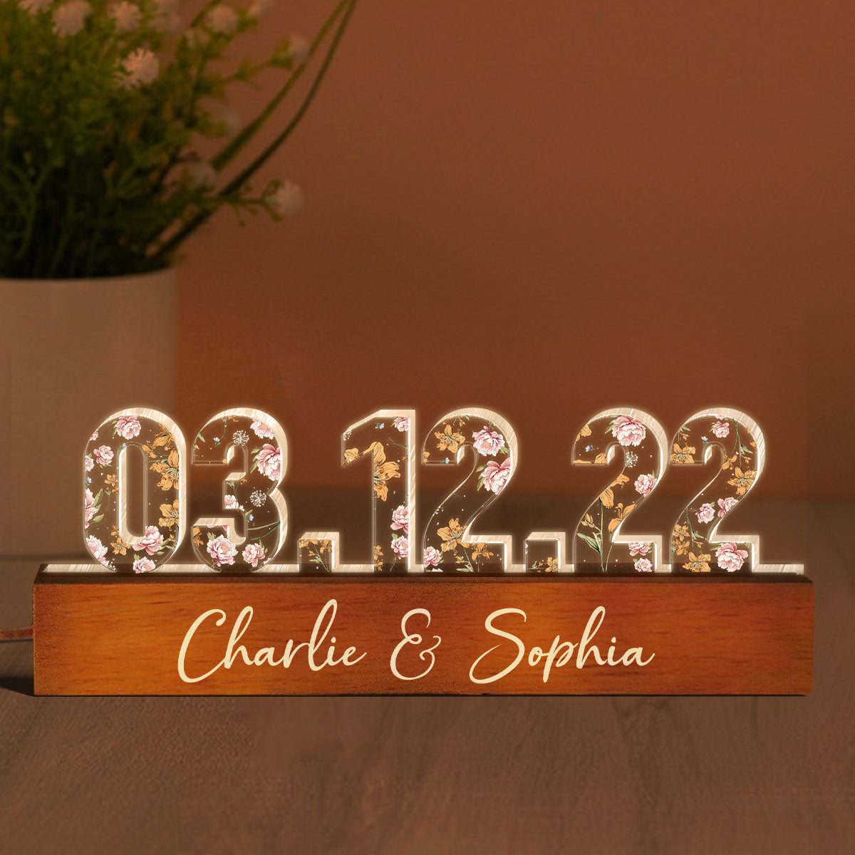 Couple Engagement Anniversary Date Custom Flower Printed LED Night Light, Valentine's Day Gift For Her, Gift For Him