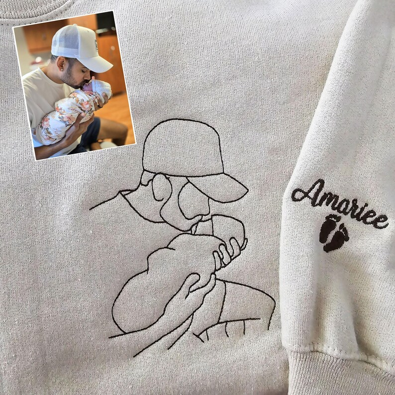 Custom Dad Photo Outline Embroidered Sweatshirt - Personalized Dad and Me Photo Portrait Sweatshirt - Gift for Dad