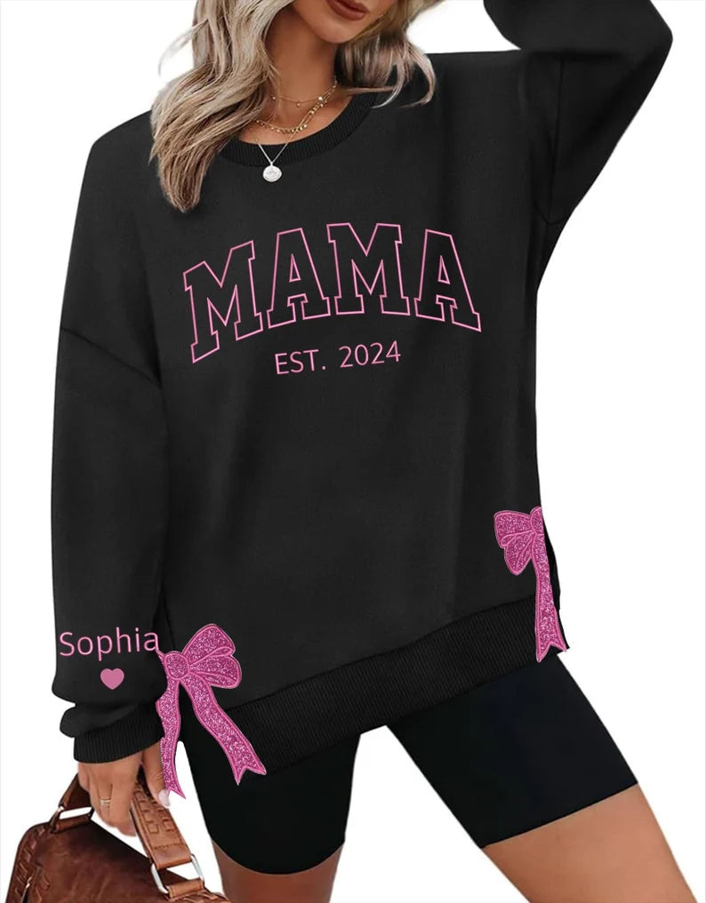 Personalized Mama Bow Embroidered Sweatshirt | Trendy Side Slit Bow Sweatshirt | Personalized Mama Sweatshirt | Mama Gifts